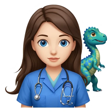 pretty brunette nurse with long hair and blue eyes in dinosaur pattern scrubs sticker