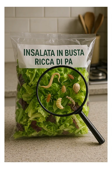 Insalata in busta ricca di pa transparent plastic bag of pre-washed salad sits on a kitchen counter. Through the bag, small, detailed images of various parasites (such as worms, larvae, or microscopic bugs) are visible among the lettuce leaves. A magnifying glass hovers over the bag, enlarging the parasites for emphasis. The mood is cautionary and educational.arassiti sticker