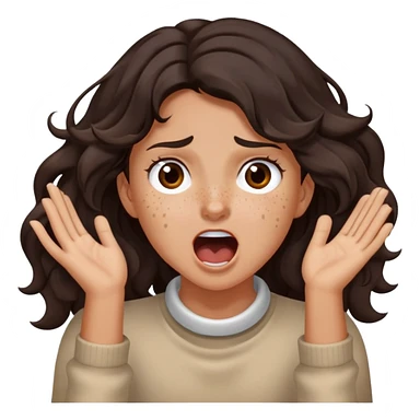 girl very dark brown wavy hair freckles tan skin color brown eyes hands choking neck screaming sticker