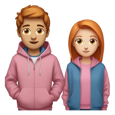 Boy with straight brown hair and brown eyes in a hoodie and girl with ginger hair blue eyes freckles and a pink hoodi sticker