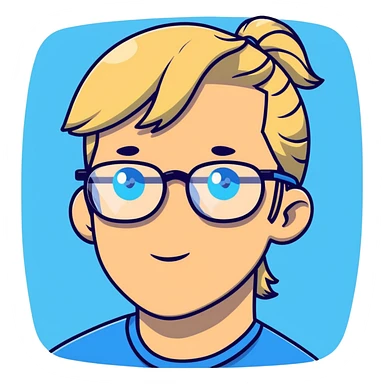 Man with blonde ponytail, round glasses and blue eye sticker