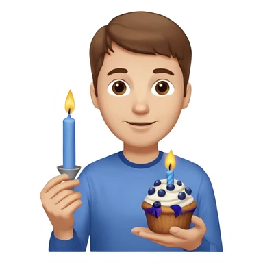 Make a white man with brown hair wearing a shirt that says happy b day Virginia holding a blueberry muffin with a birthday candle in it sticker