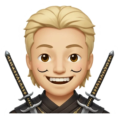 Haz que tenga una sonrisa epica una cicatriz en el ojo serrado y una espada entre los dientes y dos más a cada lado sticker