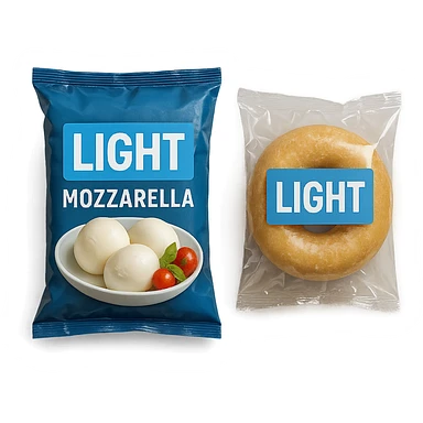 PACCHTTO DI MOZZARELLA LIGHT CON LA SCRITTA "LIGHT" SULLA CONFEZIONE, ACCANTO AD UN DONUT CONFEZIONATO CON LA SCRITTA "LIGHT" SULL'ETICHETTA,  iperrealistico 4k sticker