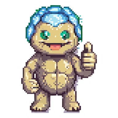 pixel art Geodude smiling, giving a thumbs up, retro 8-bit look sticker