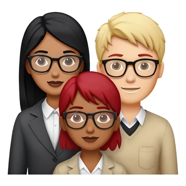 Three people one Indian male with black hair, one red haired female with glasses, one blonde haired, female with glasses ￼ sticker