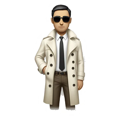 <excerpt>
A white man with real short Black hair, short mutton shops donning small red tinted sun glasses in a dirty white trench coat, is serious.
</excerpt> sticker