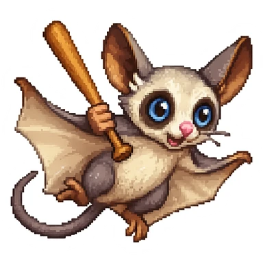 Add a baseball bat to the sugar glider and depict it gliding through the air. Maintain the original style and keep the background transparent. sticker