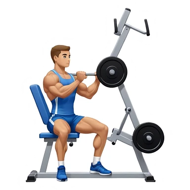 side-view bodybuilder in blue shorts seated weighted calf-raise machine lower leg exercise sticker