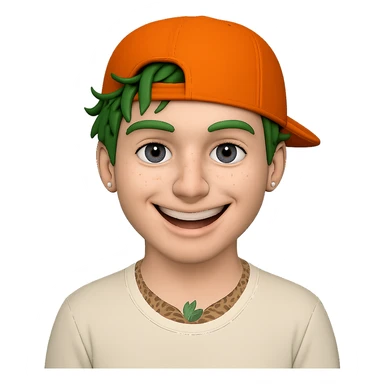 Transform the character into a white guy with bright green hair, remove the glasses, keep the orange cap, big smile, and tattoos. Maintain the same style as the original image. Transparent background. sticker