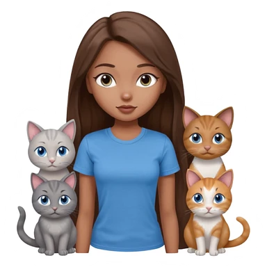 a pretty bratz dusky girl with long brown hair, blue eyes with six cats nd wearing a grey tshirt sticker