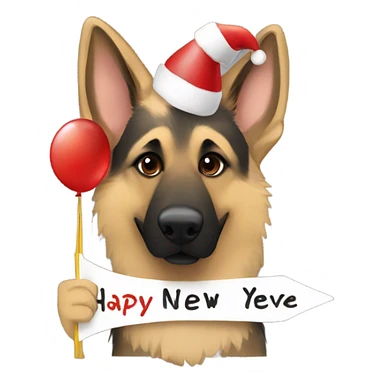 Blonde and brown German shepherd holding a sign that says “Happy New Years Eve” sticker