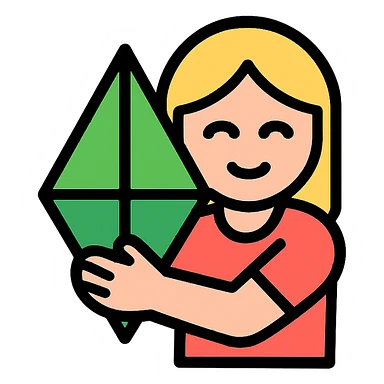 blond girl hugging a plumbob, icon style, geometric shapes, bold lines, limited color sticker