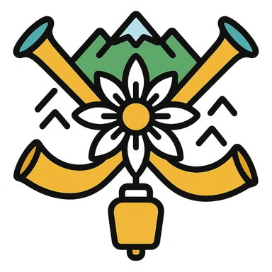 two crossed alpine horns behind an edelweiss, surrounded by mountain motifs, hanging cowbell, colorful icon style, alpine kitsch inspiration sticker