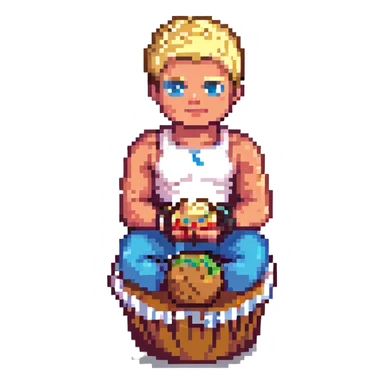 Add a wrestling belt to Cody Rhodes as he sits on the cupcake in pixel art style, no background. sticker