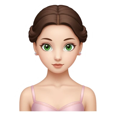 Cinema Realistic Ballerina Portrait, with porcelain-like skin featuring a natural rosy flush, illuminated by soft lighting that highlights the gentle contours of her face. Her Brunette hair flows in soft.Her deep green light eyes radiate framed by arched brows and long lashes. sticker
