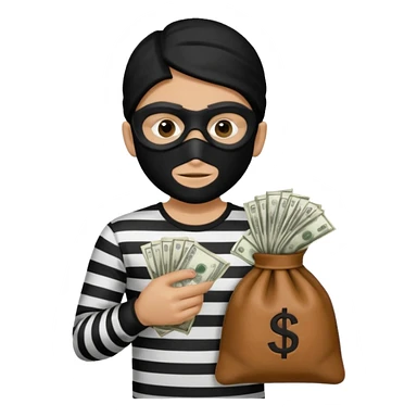 Crea un ladrón con un sombrero de delincuente y un saco de dinero, el ladrón tiene una camisa de rayas negras y blancas y el rostro un antifaz color negro. sticker