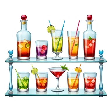 A glass shelf filled with cocktail bottles and fancy drinking glasses.
 sticker