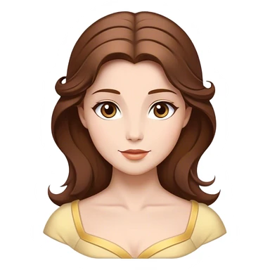 Cinematic Timeless Belle Portrait Emoji, rendered in a clean, vector style. Depict Belle with fair, luminous skin, beautifully arranged brown hair, and a serene, graceful expression, dressed in her classic attire. The design features bold, simplified shapes, a soft, enchanting glow, and a subtle glowing outline, capturing the essence of pure, timeless beauty. sticker