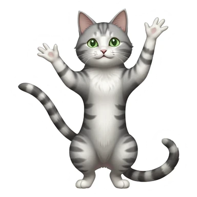 grey and white cat with green eyes doing a big extremely long stretch reaching up into the air with arms and legs side by side together sticker