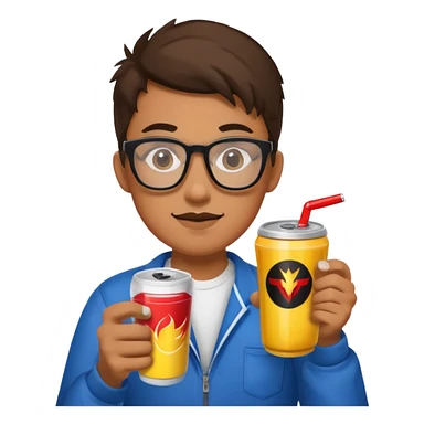 Gamer with big glasses and energy drink coffee sticker