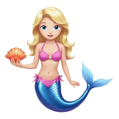 mermaid woman with blonde hair and blue eyes, a pink bikini top and an ALL pink tail holding a shell sticker