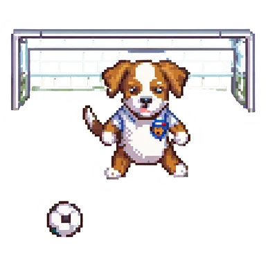 a dog playing soccer, pixel art style sticker
