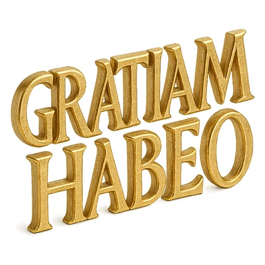 the phrase 'GRATIAM HABEO' in gold, first-century AD Roman rustic capitals, large text on transparent background, realistic metallic effect, distinctive rustic style sticker