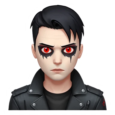 Cyberpunk man, slicked hair, silver metal jaw prosthetic, glowing red eyes, cold expression, clinical lighting sticker