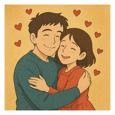 Transform this man and woman into a loving couple in Ghibli style, hugging with hearts around them sticker