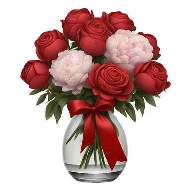 red and black bouquet of roses and peonies tied with a red ribbon in a glass vase sticker