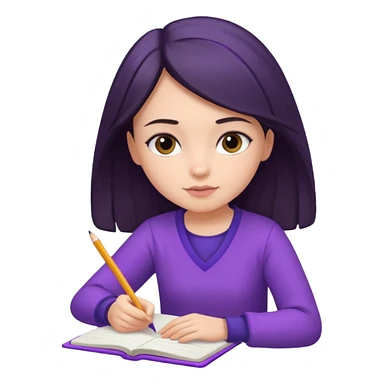 girl sitting, writing in a notebook, dark hair, dressed in purple clothes sticker