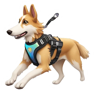 Fluffy dog saluki German shepherd husky with tattoos and holographic harness running sticker