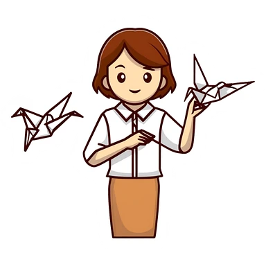 A happy Ukrainian young girl with brown hair in a white embroidered shirt makes an origami of a yellow and blue crane sticker