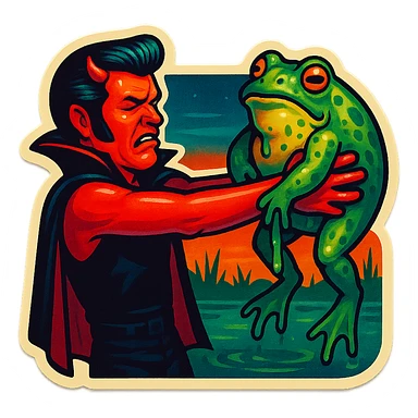 helvis, a demonic figure with a short cape and very tiny horns, holding a giant slimy toad away from himself with both hands and straight arms. His head is turned away from the toad in disgust, cringing but not screaming. Swampy background. Retro sticker style with bold outlines and a vintage sticker look, maintaining helvis's grim and intense vibe. sticker