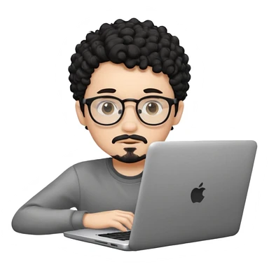 A young boy DEVELOPER WITH A laptop, black curly short hair, wearing glasses, a thin goatee, his skin is white sticker