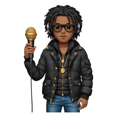 African American man brown skin complexion with black dreadlocks shoulder length wearing black bubble winter coat wearing black sunglasses with denim skinny jeans and timberland boots wearing headphones and rapping into a studio microphone sticker