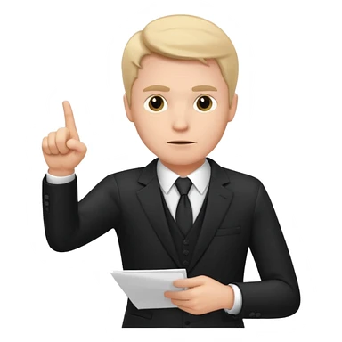 A white man in a black suit stands with a serious face and points at his hand holding papers. sticker