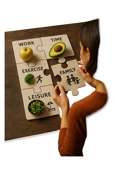 realistica cinematic photo a person is surrounded by puzzle pieces, each representing a different aspect of their life (work, exercise, family, leisure), and healthy foods are integrated into each piece. The person assembles the puzzle, creating a complete, personalized nutrition plan. The mood is uplifting and creative. in italiano sticker