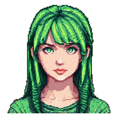 Minecraft pixel art face of Megan, with green hair, straight bangs, green eyes, matching the reference sticker