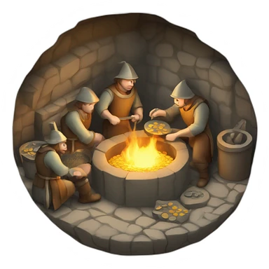 inside of a medieval mint showing different people working creating coins with a furnace sticker