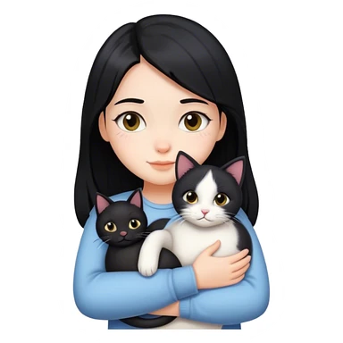 A white cute gilr with black middle hair hugging a cat sticker