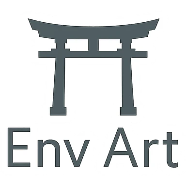 The words 'Env Art' in a clean sans-serif font, with a minimalist Shinto shrine silhouette behind, subtle and professional look. sticker