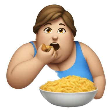 Fat woman with brown hair and blue eyes eating  sticker