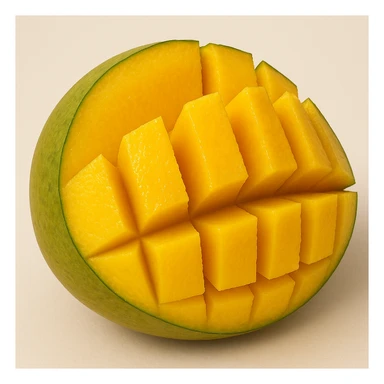 cross section of a mango sliced into pieces, showing juicy yellow-orange flesh and green-yellow skin, clear separation between slices, simple background sticker