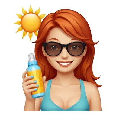 female red haired with suncream bottle and sunglasses, with sun burned sticker