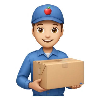 3D Apple-style emoji of a delivery worker holding a cardboard package. Wearing a cap and uniform shirt, smiling expression. Rounded, glossy, smooth, soft shadows, white background.




 sticker