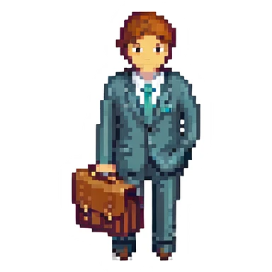A businessman in a crimson suit with a briefcase sticker