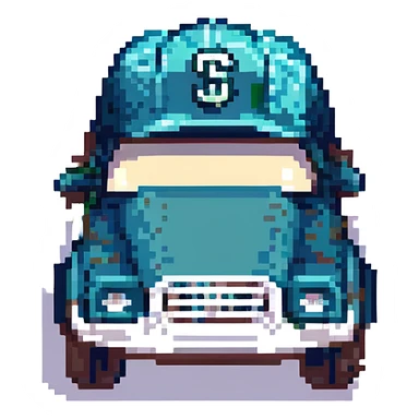 cute dump truck in navy blue and teal green, wearing a Mariners baseball cap, pixel art style sticker
