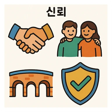 Visual concept of trust (신뢰) represented through four distinct illustration or emoji styles, each conveying the feeling of trust with different visual metaphors or symbols, such as a handshake, two people supporting each other, a sturdy bridge, and other symbols of reliability and confidence. sticker